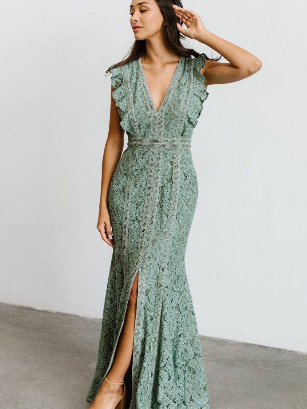 Baltic Born Sage Green Lace V-Neck Maxi Dress